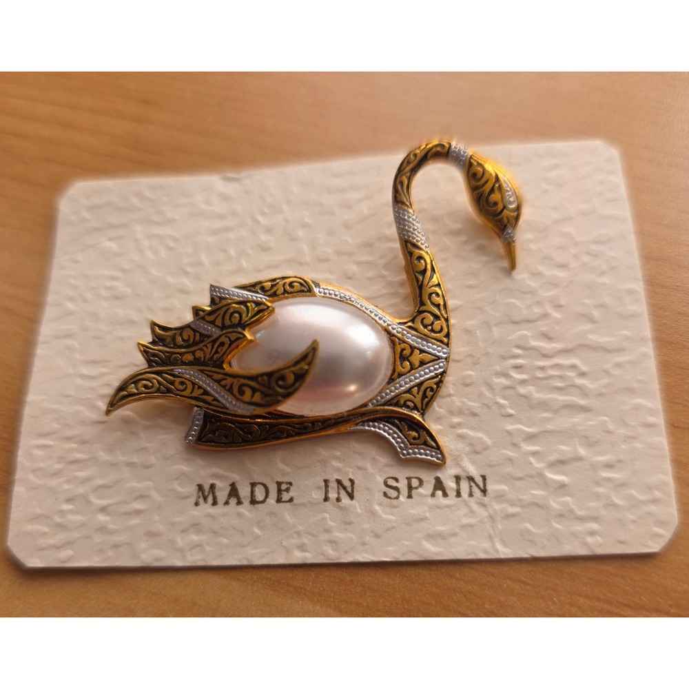 Vintage Toledo Jewelry Damascene Swan Brooch Pearl Spain Gold Silver Tone Pin